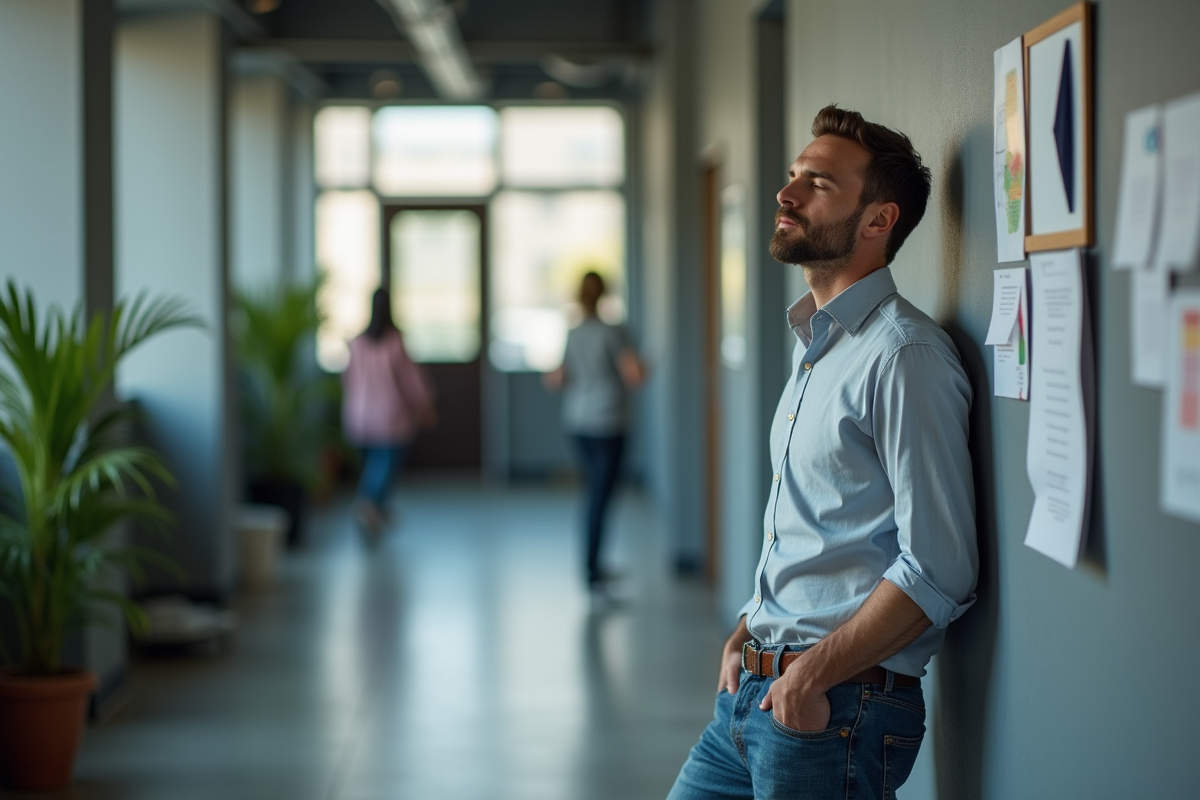 Homme en jeans dans un couloir de bureau en tension