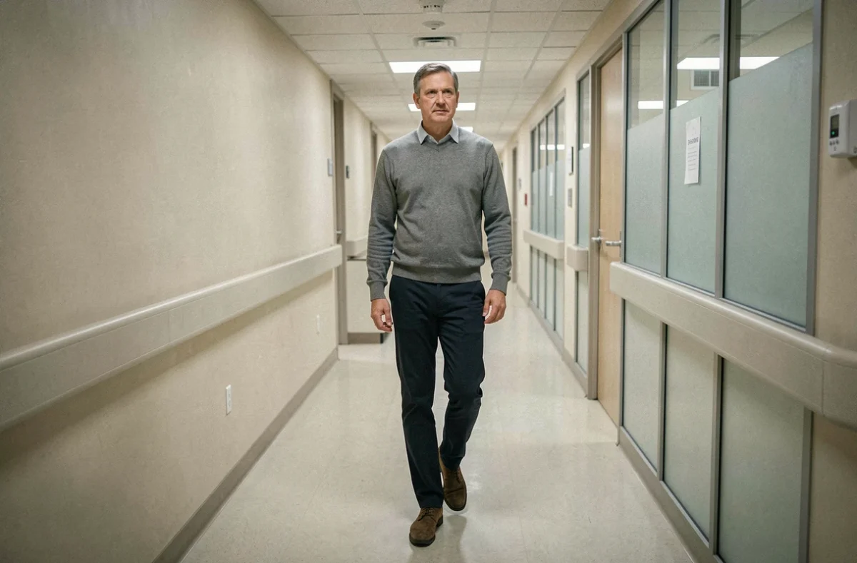 Homme d'âge mûr marchant dans un couloir d'hôpital calme, vêtu de façon décontractée, dans une atmosphère médicale sobre et documentaire