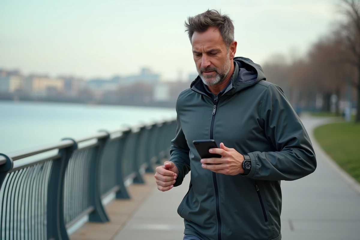 Homme en jogging sur la promenade au bord de la rivière