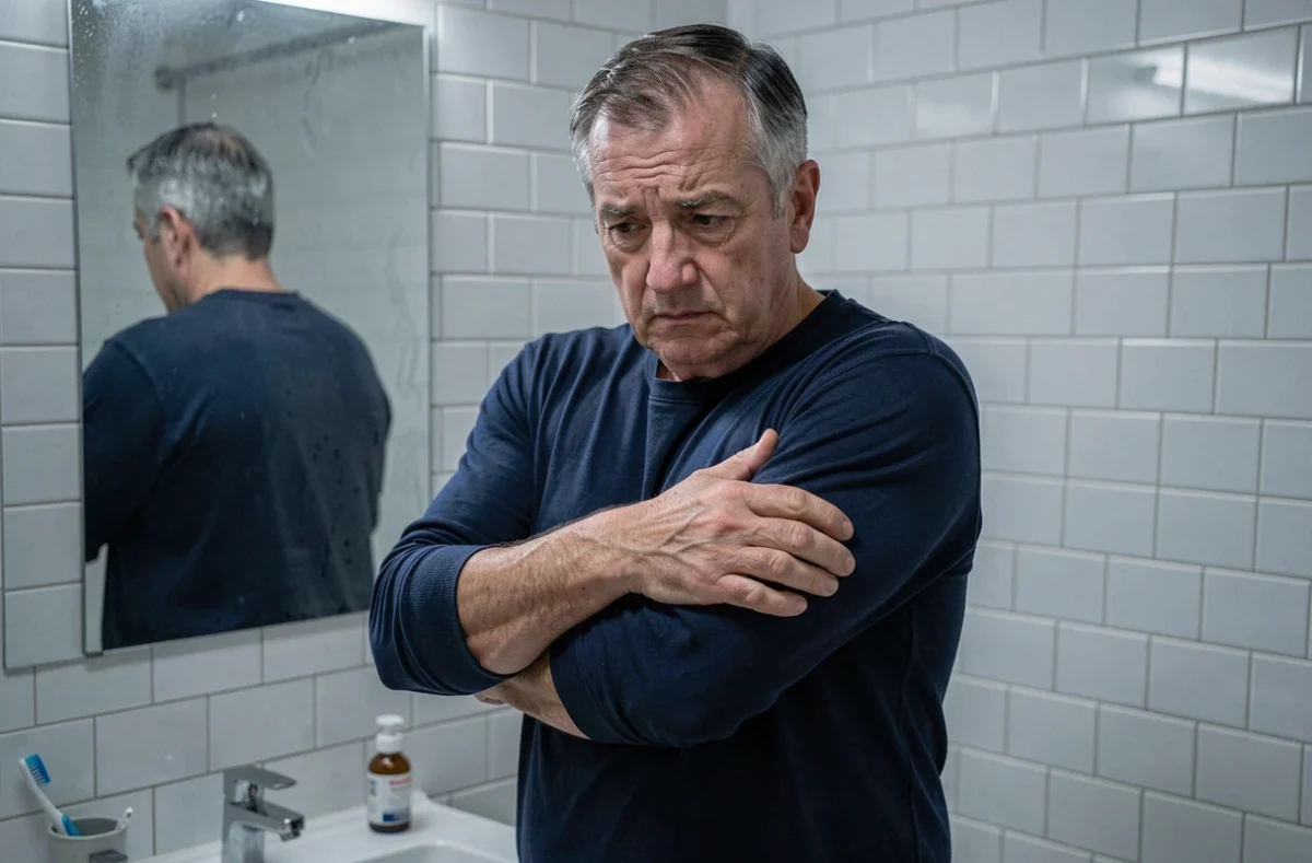 Homme d'une cinquantaine d'années debout dans la salle de bain la nuit, examinant son bras gauche douloureux avec une expression préoccupée devant le miroir
