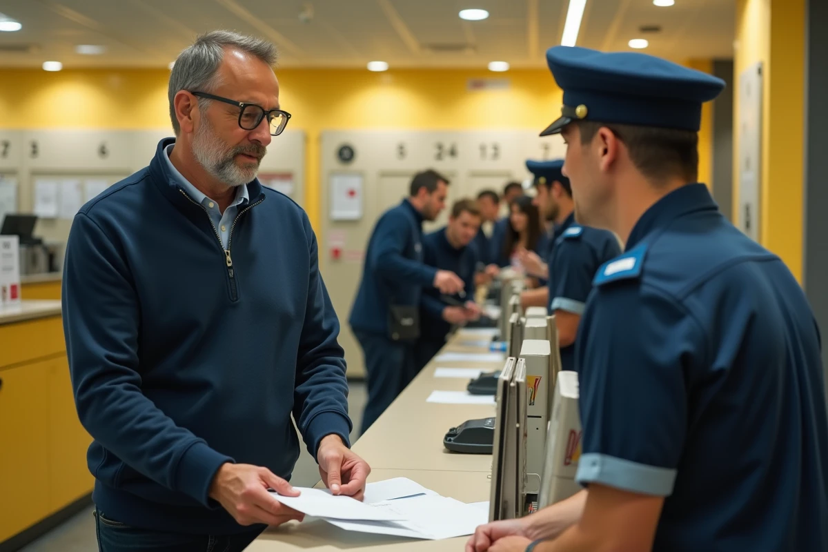 Homme déposant une enveloppe à un guichet de La Poste pour envoyer un dossier à la CPAM de Lyon