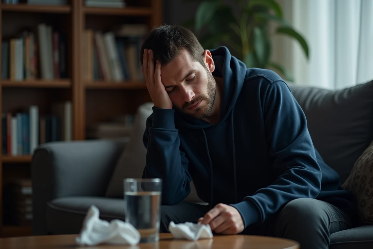 Homme fatigué tenant son cou gauche enfle sur un canapé lors d'une infection