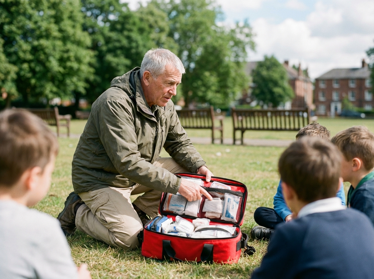 Homme montre le contenu d une trousse de secours aux enfants