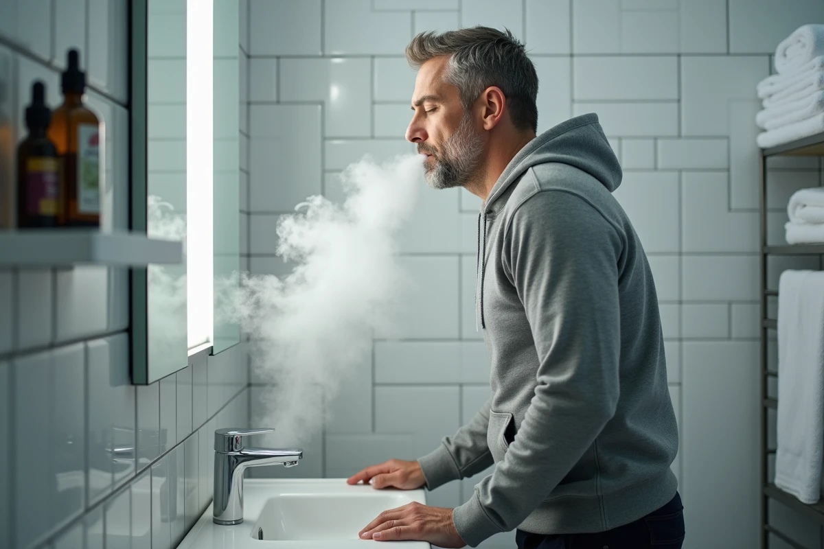 Homme inhalant de la vapeur d'eau au-dessus d'un lavabo pour soulager la trachée et calmer la toux