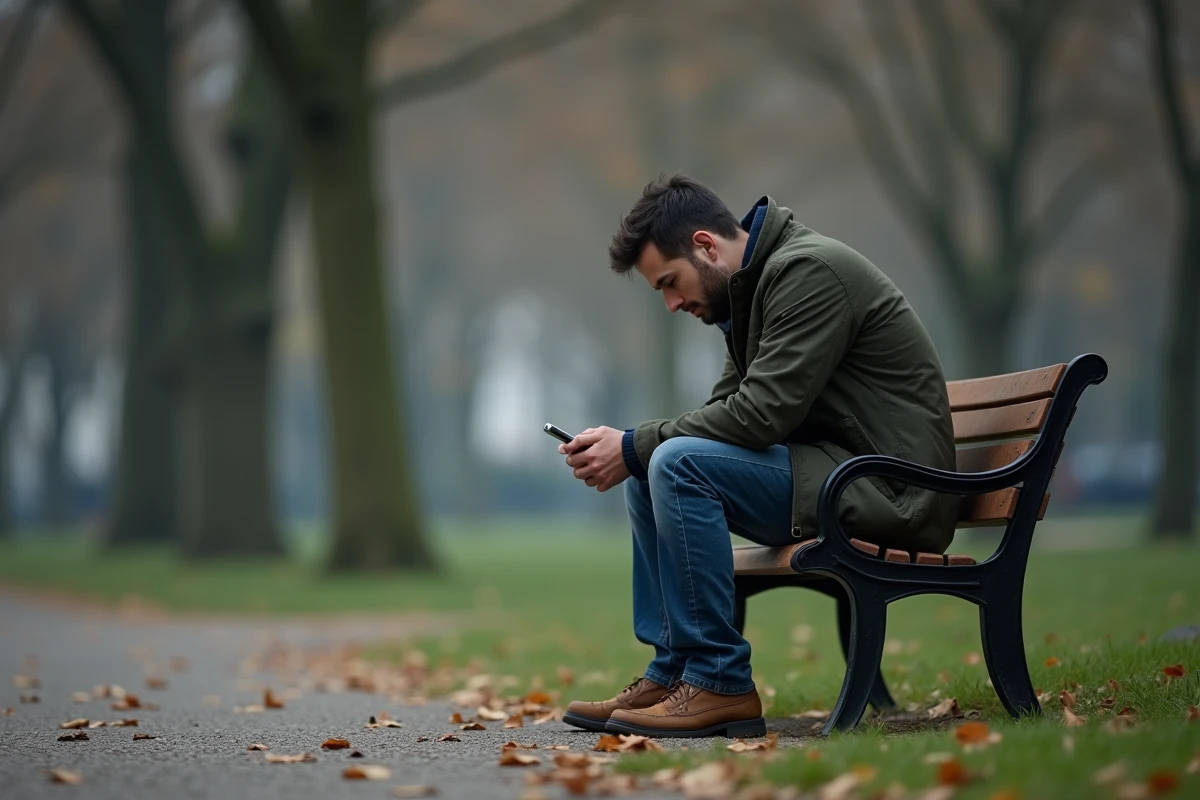 Homme épuisé assis seul sur un banc de parc tenant son téléphone, illustrant l'impact émotionnel des relations toxiques