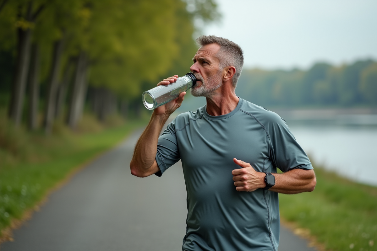 Homme après jogging buvant de l