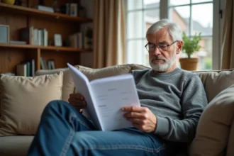 Homme d'âge moyen lisant un dossier médical dans son salon