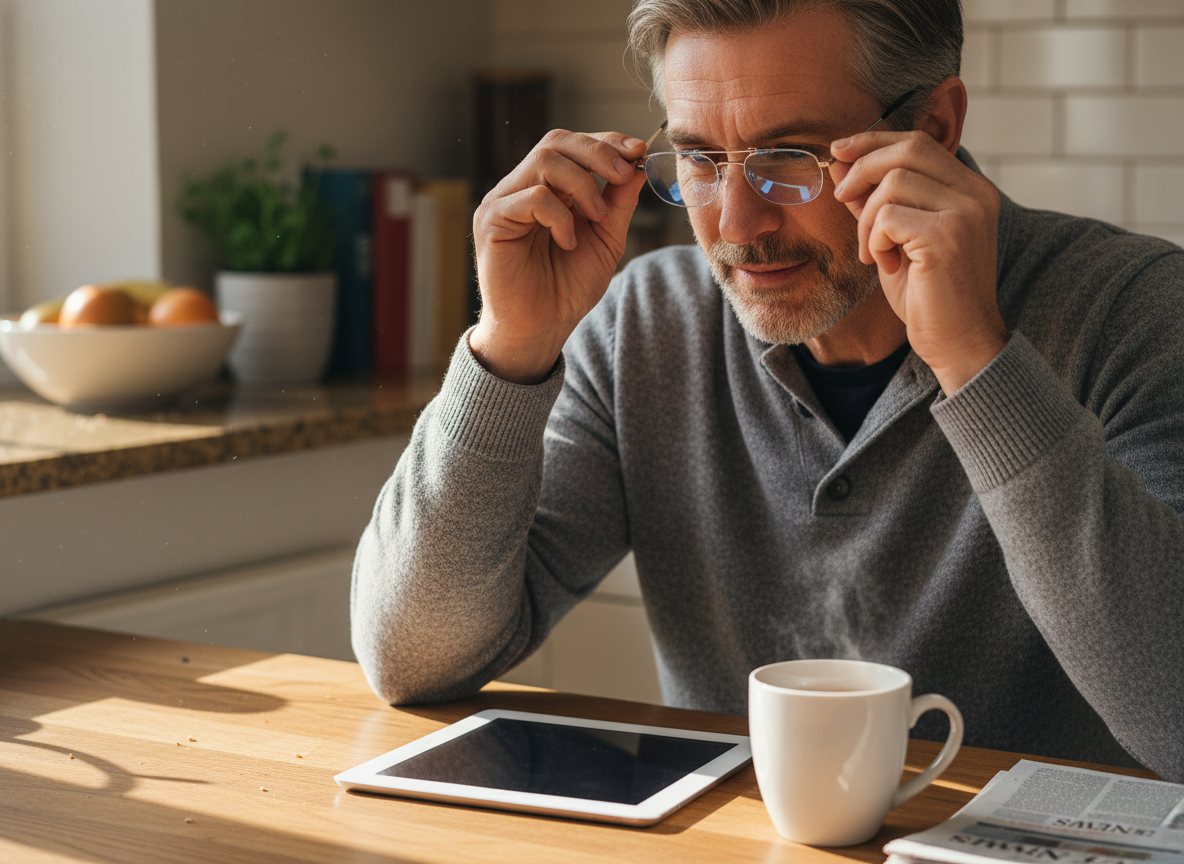 Homme ajustant ses lunettes anti-lumiere à la cuisine