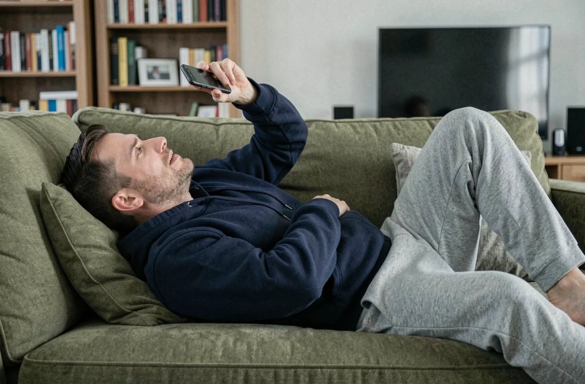 Homme allongé sur le canapé avec le cou mal positionné en regardant son téléphone, habitude aggravant les douleurs cervicales