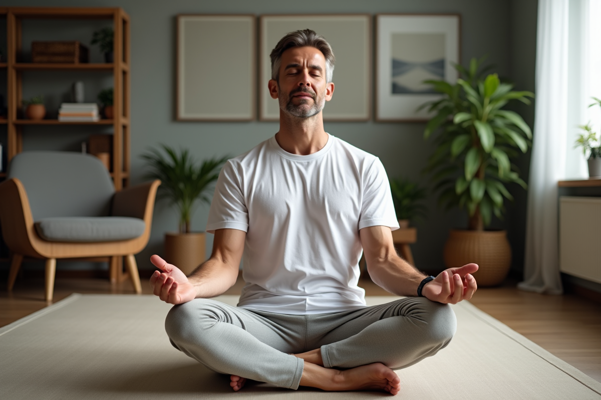 Homme méditant assis sur un tapis dans le salon