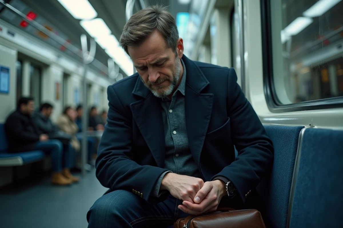 Homme dans le métro se grattant la main gauche de manière compulsive sous l'effet du stress