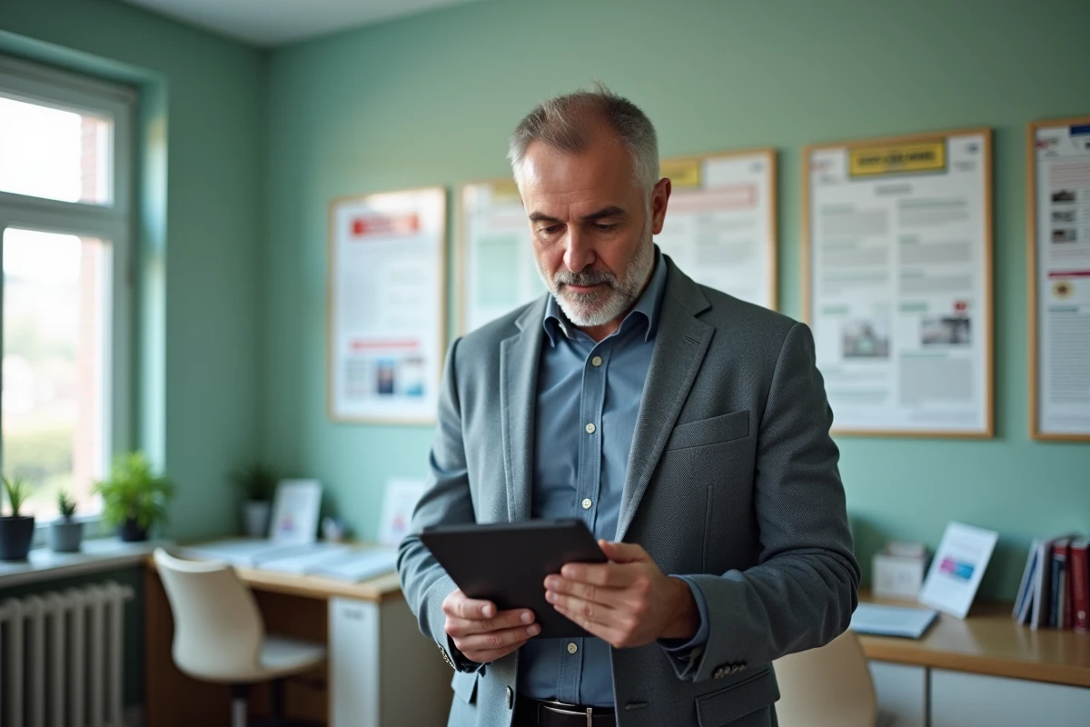 Homme entrant des informations dans un bureau administratif