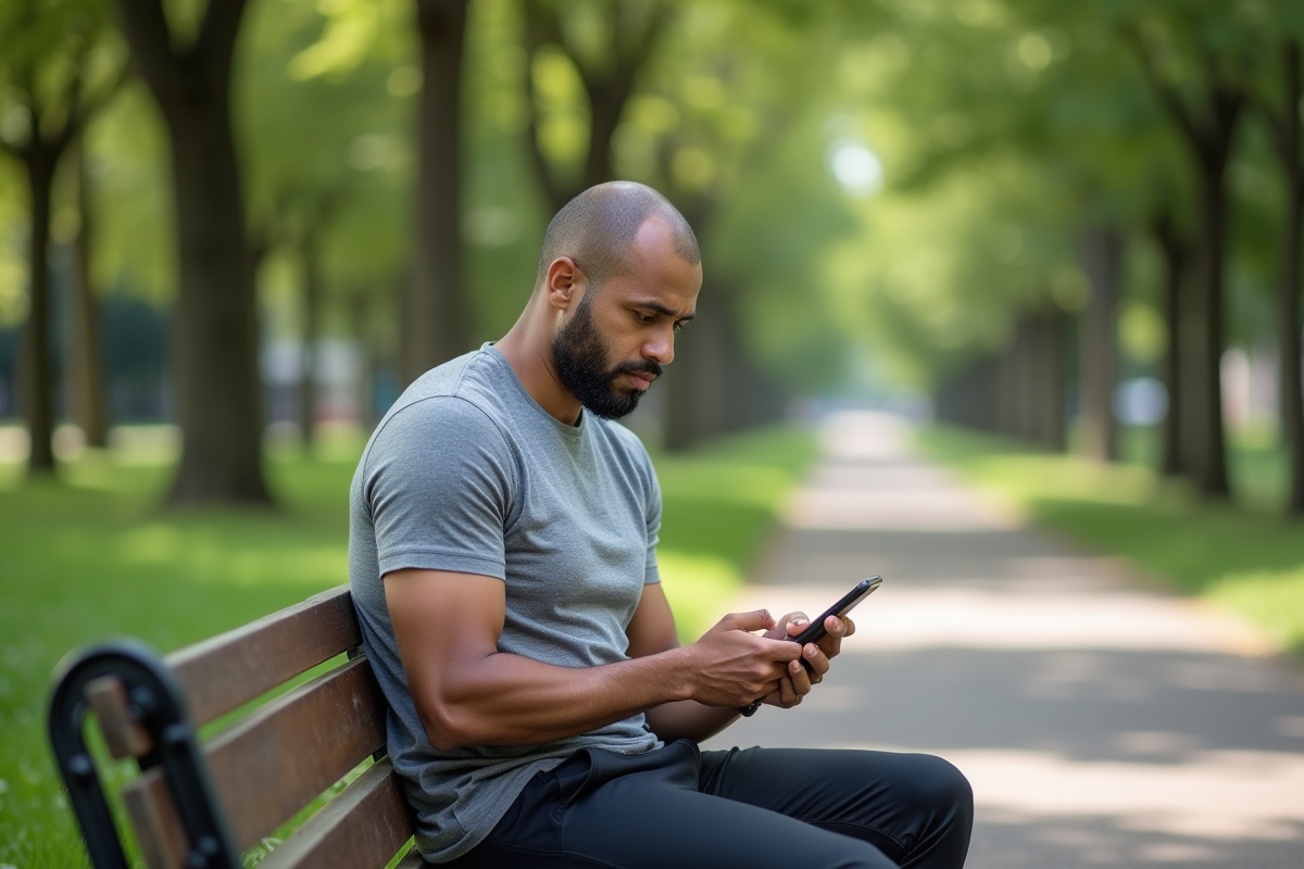 Homme assis dans un parc utilisant une application santé