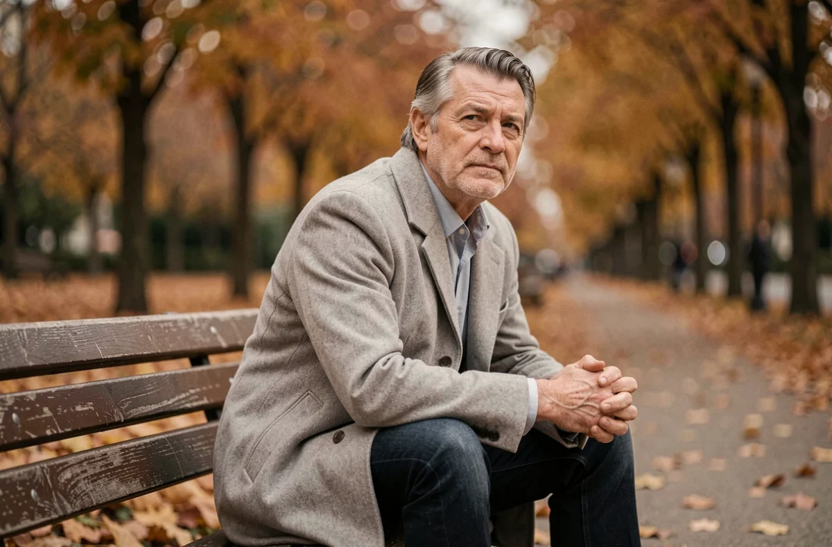 Homme pensif assis sur un banc de parc parisien en automne, portant un manteau gris, dans une atmosphère contemplative et journalistique