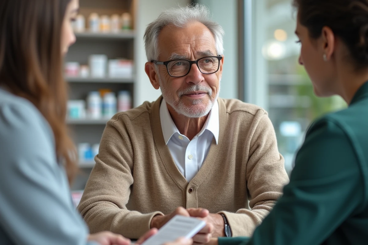 Homme âgé discutant avec un pharmacien sur la vaccination