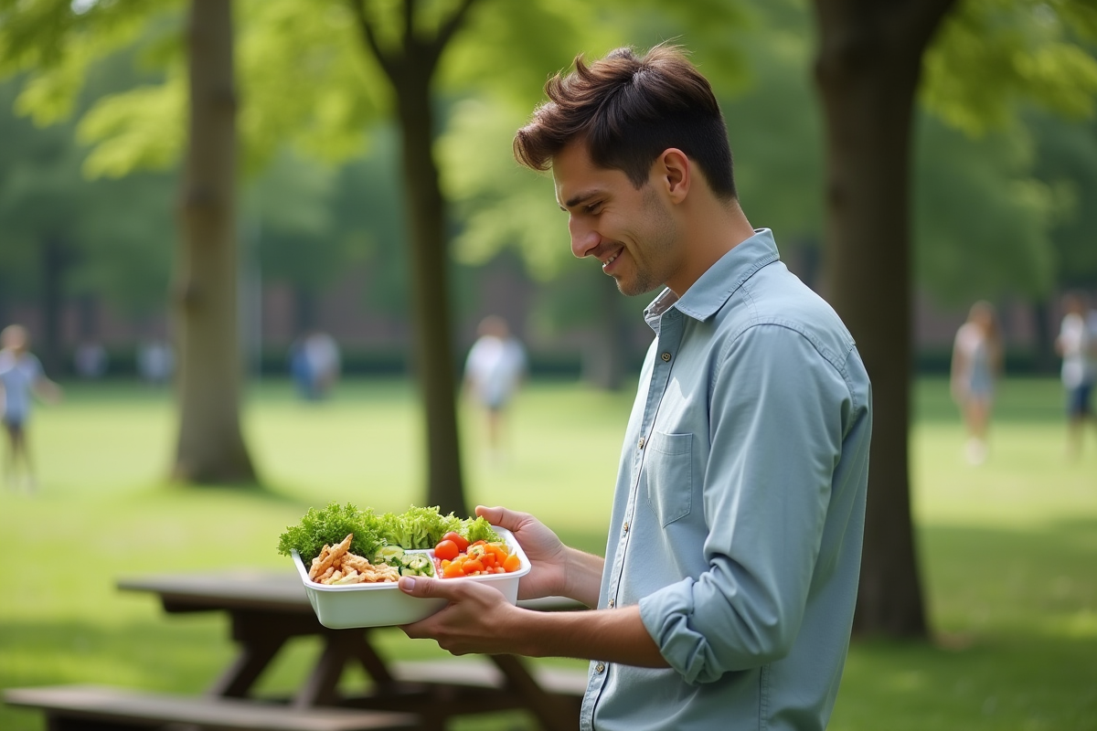 Jeune homme dégustant un repas sain en parc urbain