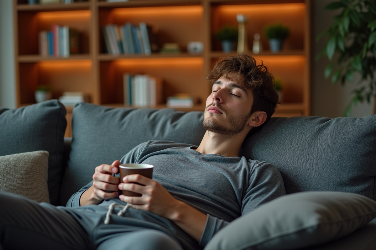 Jeune homme en tenue de sport relaxant sur un canapé