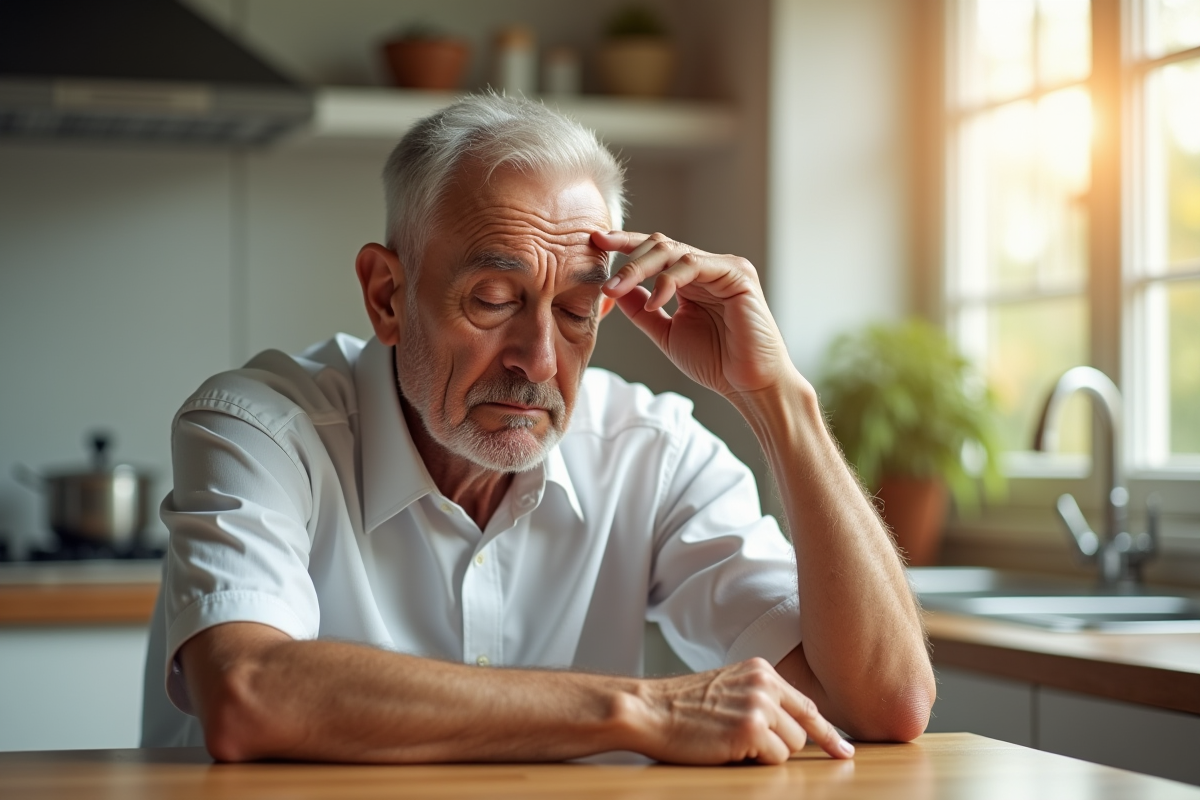 Homme senior assis dans une cuisine moderne ensoleillee