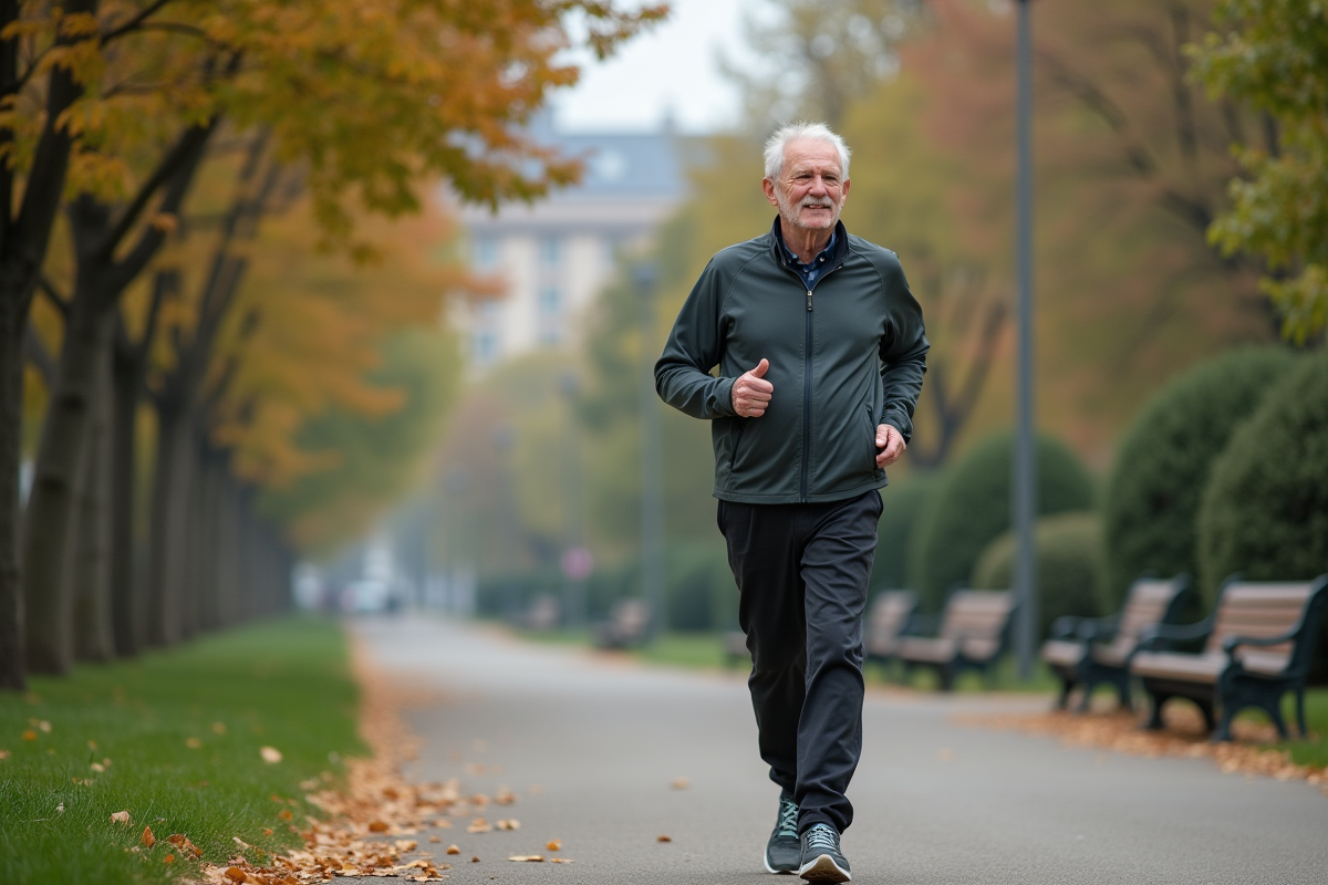Homme senior se promenant dans un parc urbain en jogging