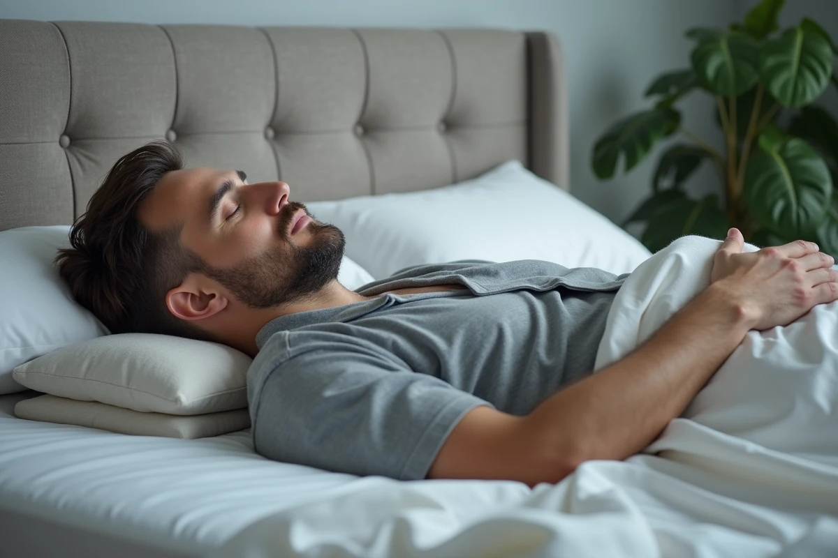 Homme en pyjama gris dormant paisiblement dans sa chambre