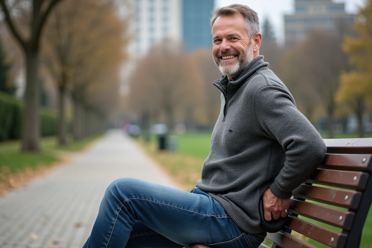 Homme ajustant un coussin lombaire sur un banc dans un parc urbain