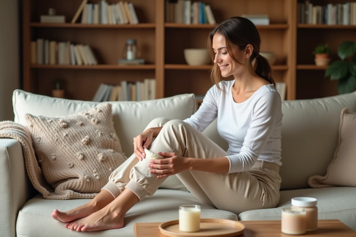 Femme appliquant une crème hydratante à l'urée sur ses talons secs pour traiter la corne aux pieds