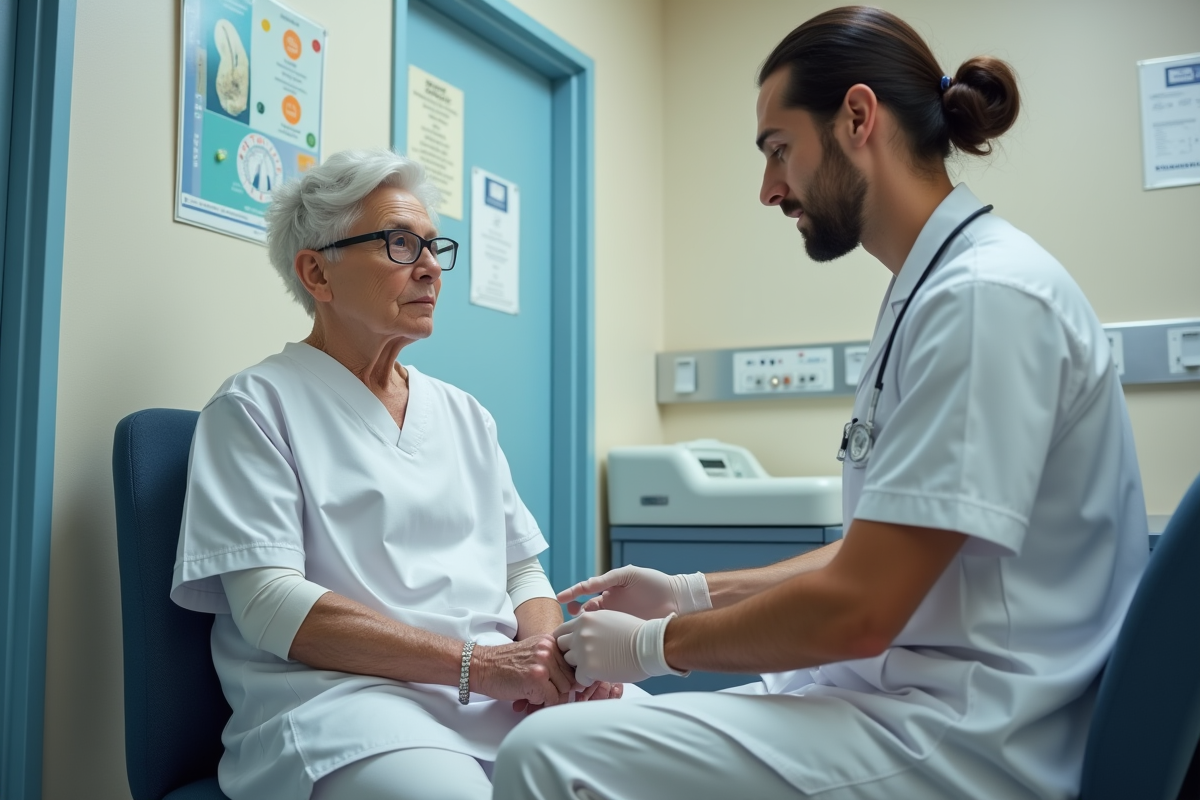 Infirmier montrant un pansement à un patient âgé dans une clinique