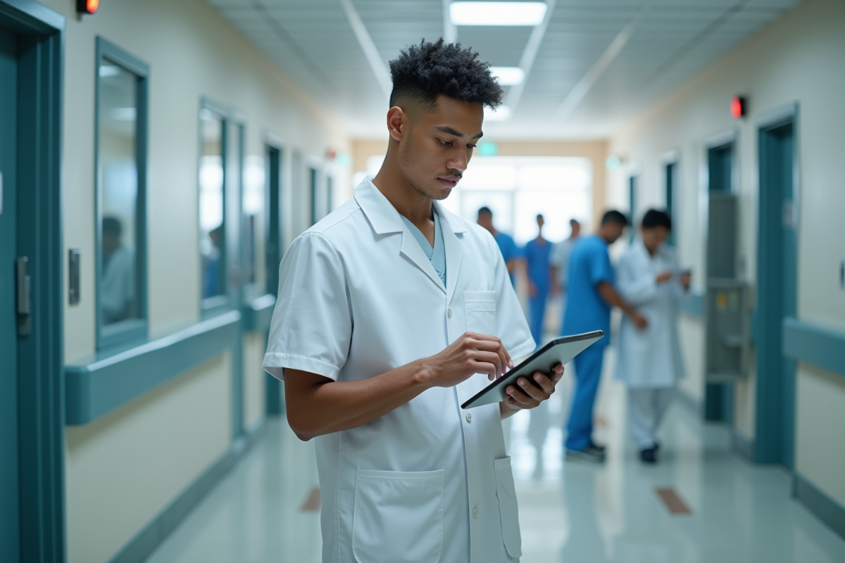 Jeune infirmier en uniforme blanc utilisant une tablette dans un couloir d