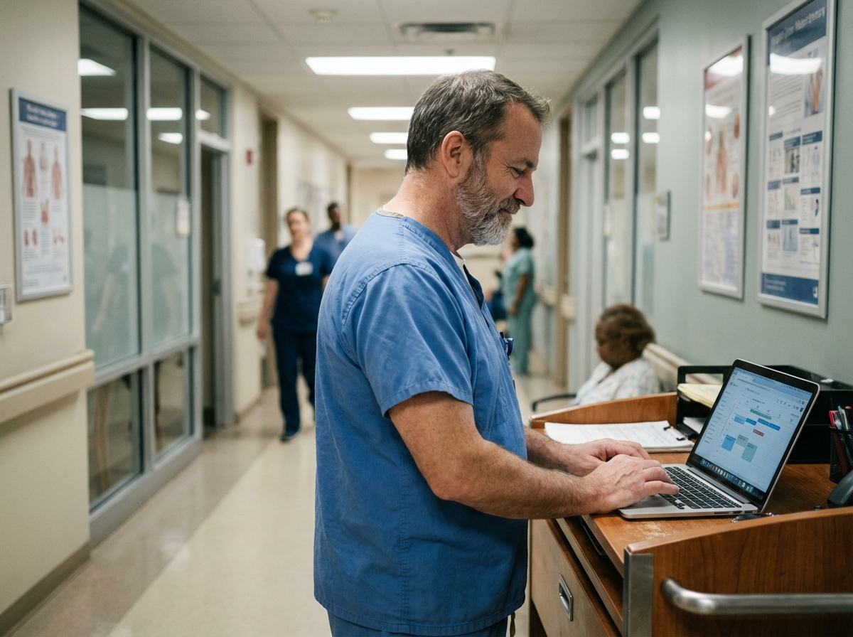 Infirmier homme vérifiant les plannings dans le couloir