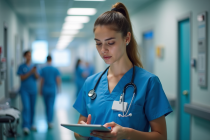 Infirmière moderne vérifiant un dossier numérique dans un hôpital