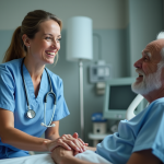 Infirmière en hôpital tenant la main d'un patient âgé