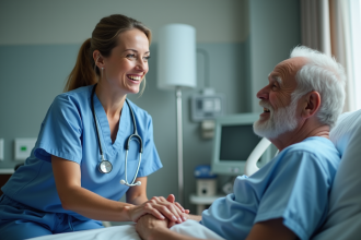 Infirmière en hôpital tenant la main d'un patient âgé
