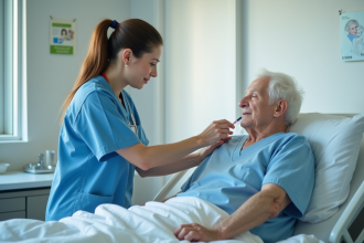 Infirmière en blouse bleue administrant un médicament à une personne âgée