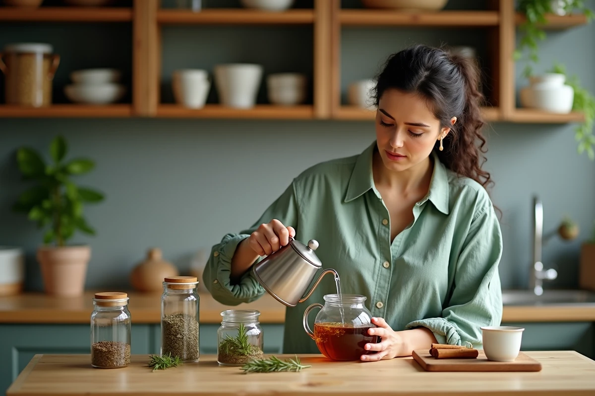 Femme préparant une infusion à base de plantes médicinales pour améliorer la circulation et apaiser les paresthésies, remèdes naturels de grand-mère