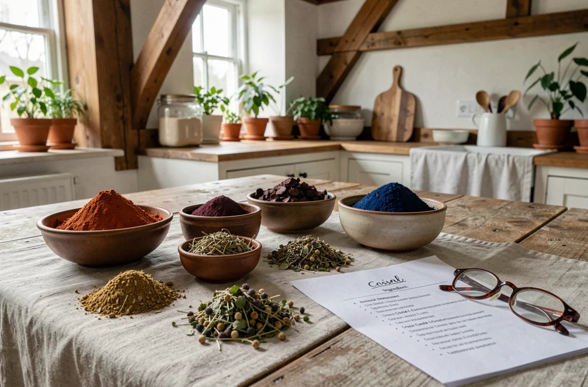 Ingrédients de coloration végétale disposés sur une table en bois, dont henné, indigo et plantes séchées, avec une liste d'ingrédients imprimée
