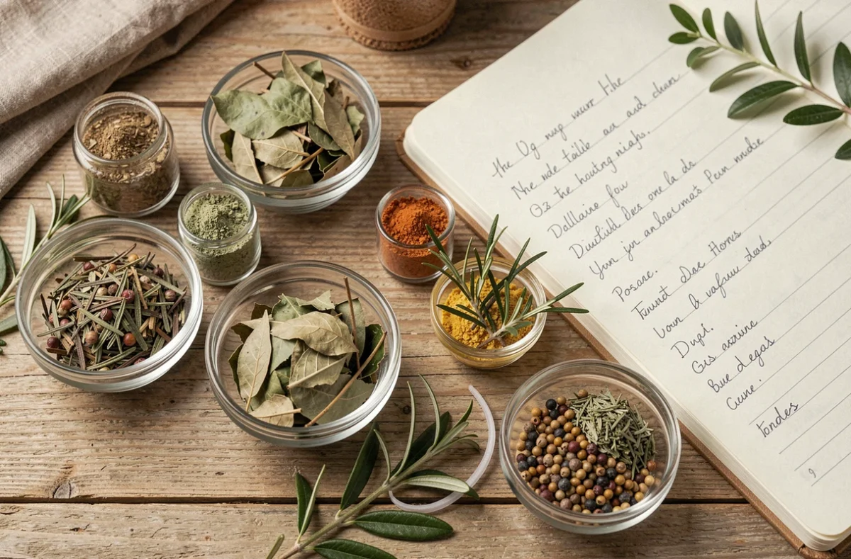 Vue aérienne d'ingrédients botaniques et de plantes médicinales associés aux compléments minceur naturels comme Kalinoe, disposés sur une surface en bois
