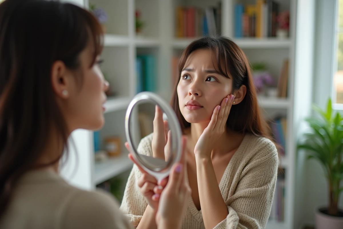 Femme inspectant sa gorge avec un miroir dans un bureau à domicile