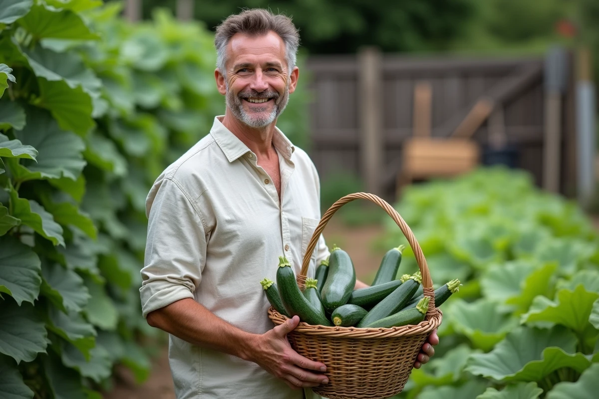 Homme en jardin avec panier de zucchinis frais