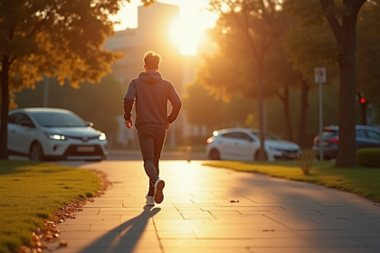 Jeune adulte marchant dans un parc urbain en matinée ensoleillée
