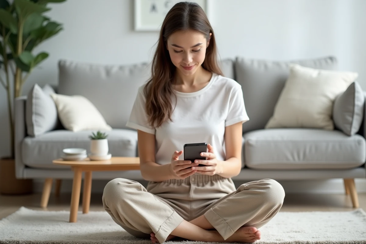 Jeune femme lisant un article médical rassurant sur son smartphone dans un salon minimaliste