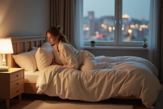 Jeune femme en pyjama se glissant dans le lit cosy