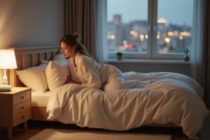 Jeune femme en pyjama se glissant dans le lit cosy