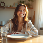 Jeune femme souriante en jeûne au matin avec eau et horloge