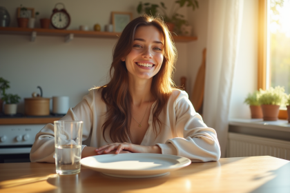 Jeune femme souriante en jeûne au matin avec eau et horloge