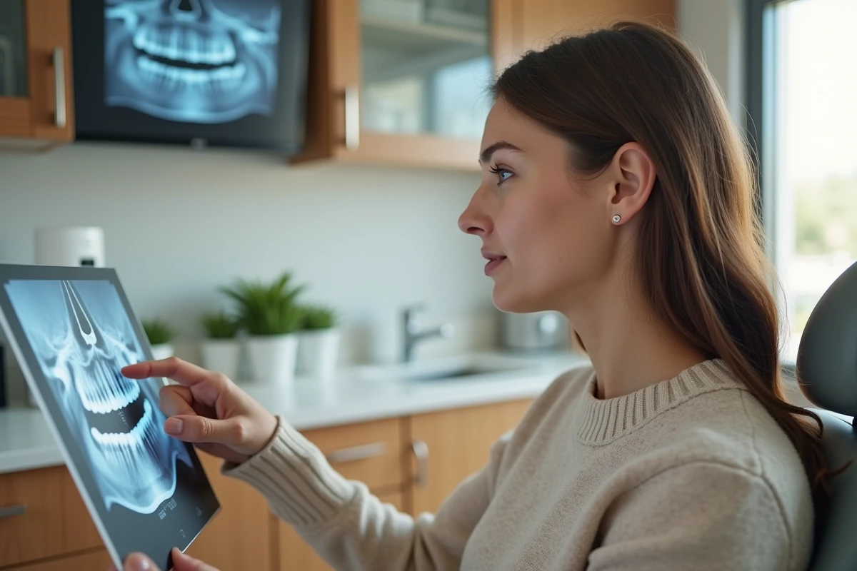 Jeune femme examine une radiographie dentaire dans un cabinet