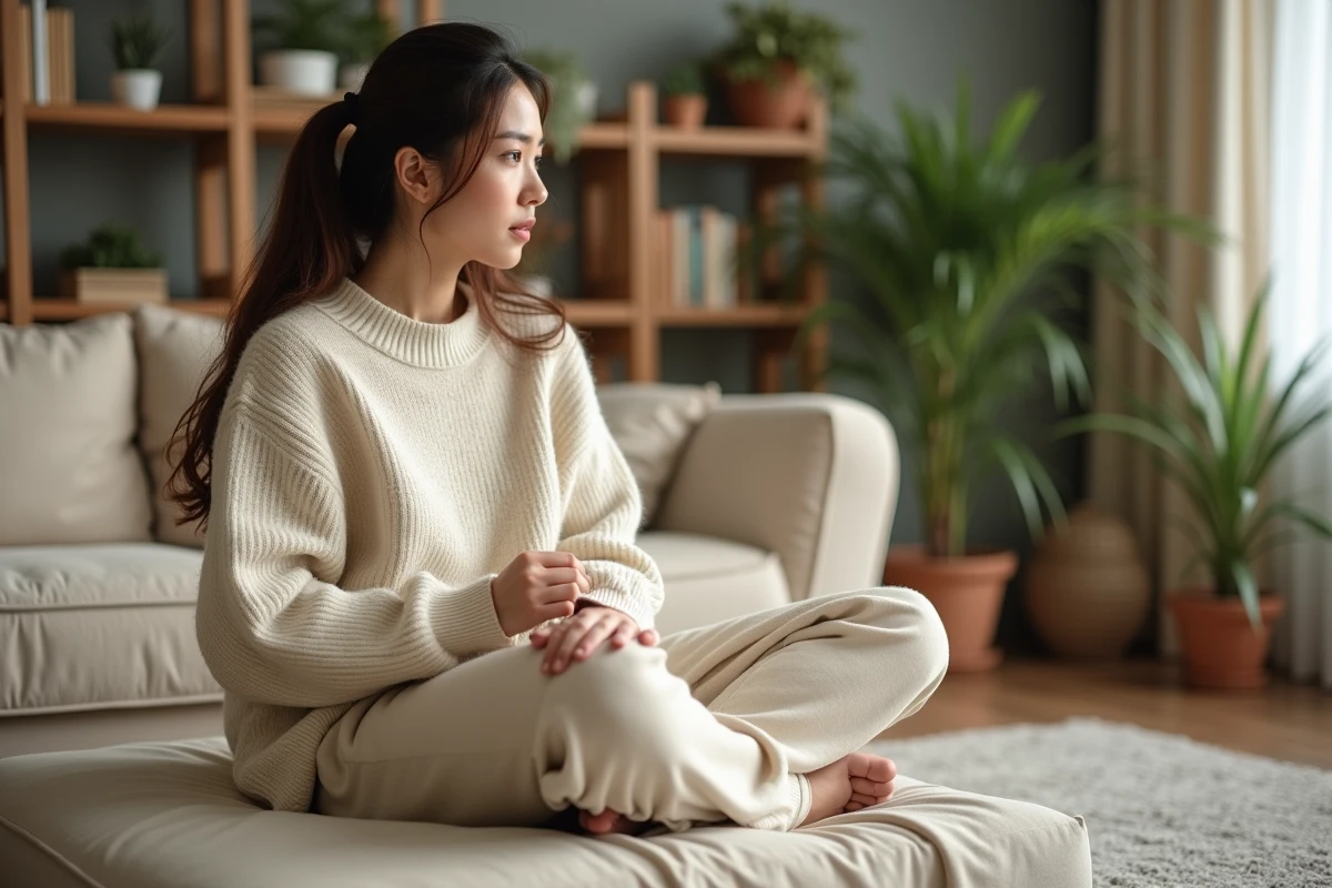 Jeune femme à la maison se grattant la main gauche inconsciemment en état de stress