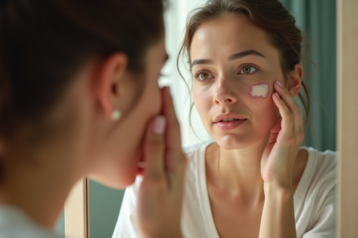Jeune femme regardant son visage dans le miroir au matin