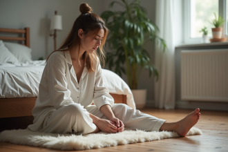 Jeune femme en pyjama s'étirant dans sa chambre