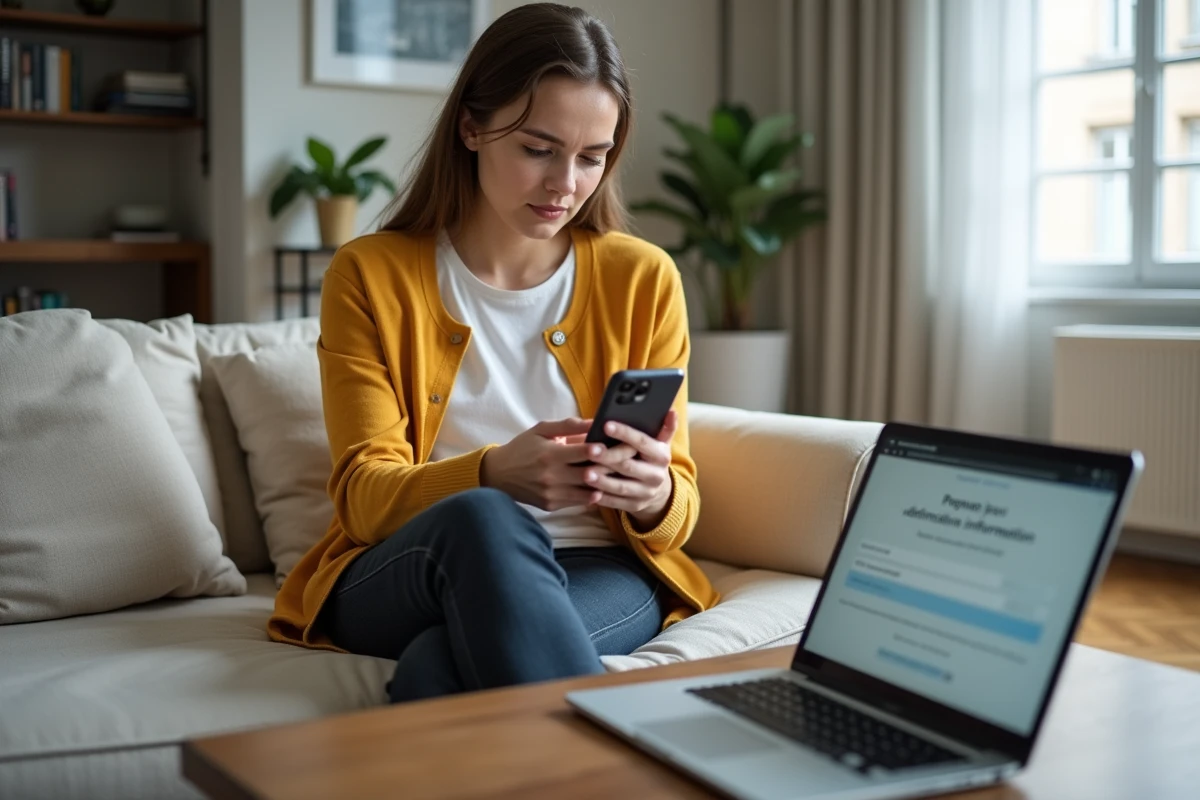 Jeune femme recherchant l'adresse postale de la CPAM de Lyon sur son smartphone depuis son salon