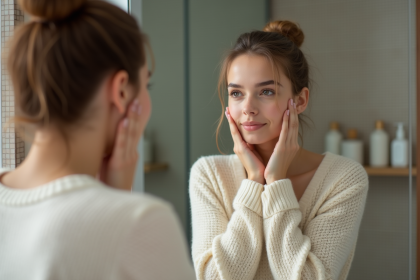 Jeune femme se regardant dans le miroir de salle de bain